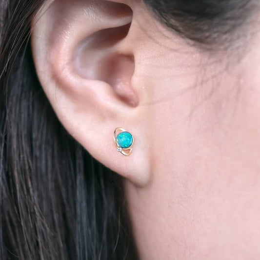 Earth Moon Design Doublet Opal & Diamond Stud Earrings 14K Yellow Gold