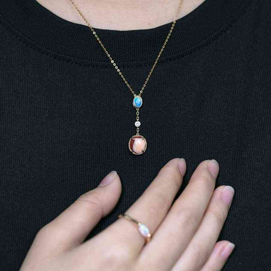 Egg Fire Opal & Australian Opal Diamond Necklace 14K Yellow Gold