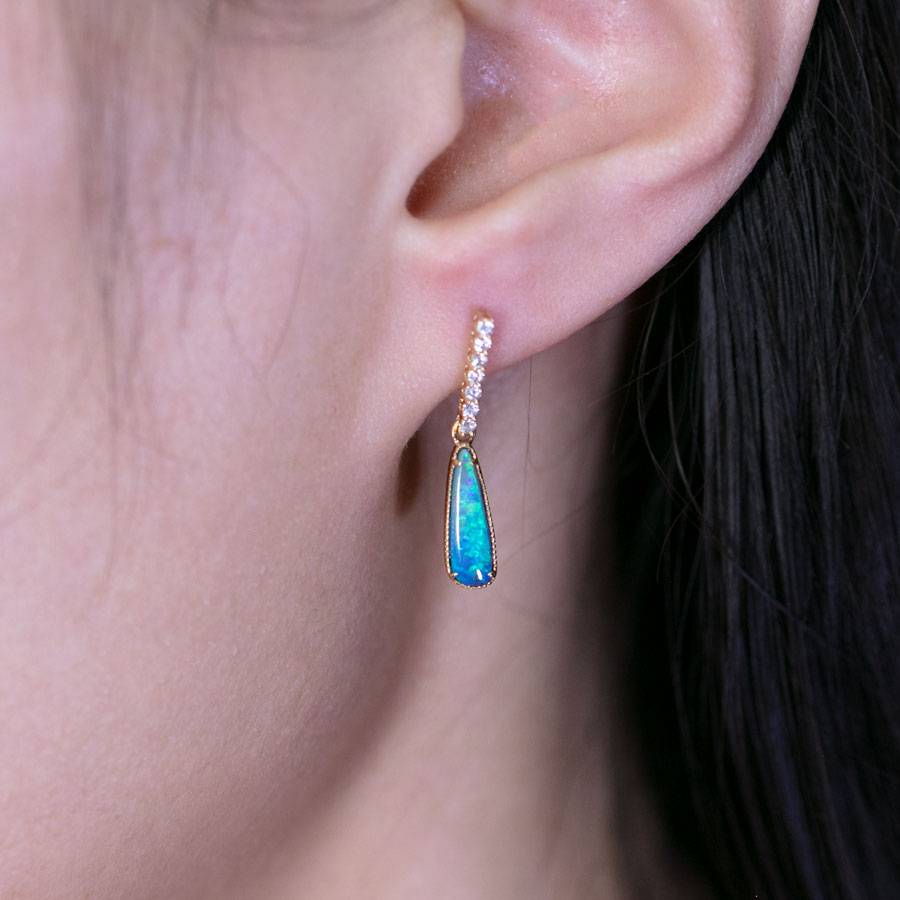 Elegant Australian Boulder Opal Diamond Drop Earrings in 18K Yellow Gold