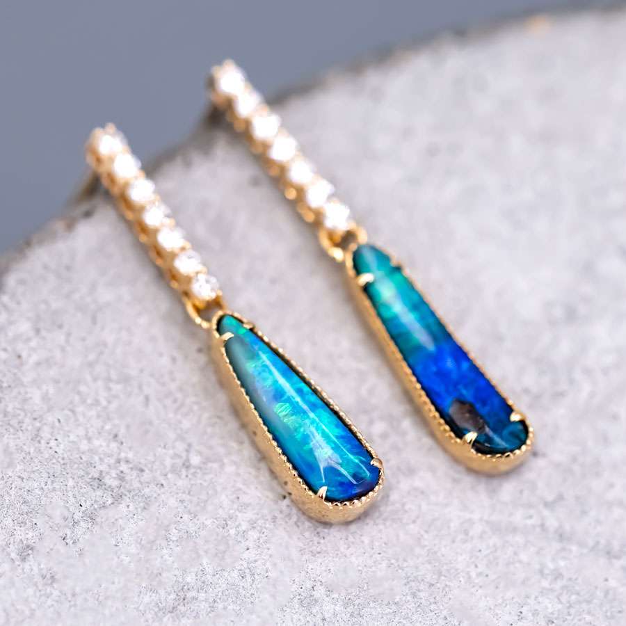 Elegant Australian Boulder Opal Diamond Drop Earrings in 18K Yellow Gold