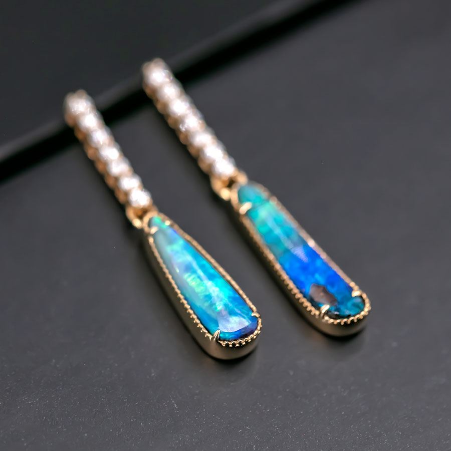 Elegant Australian Boulder Opal Diamond Drop Earrings in 18K Yellow Gold