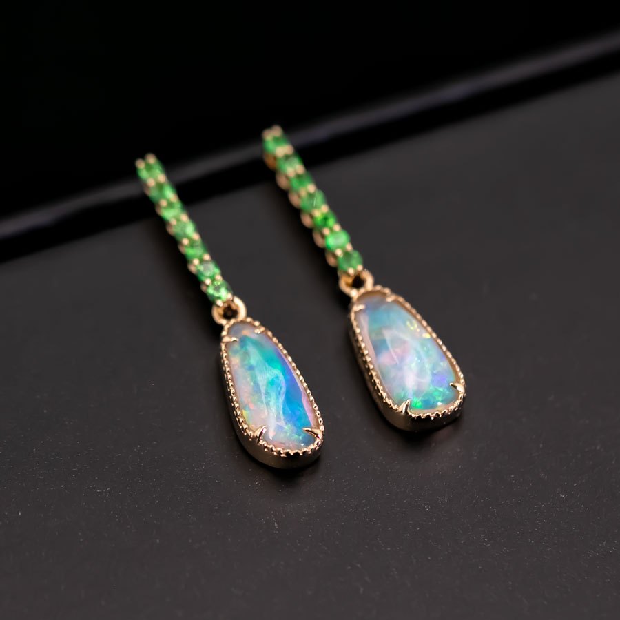 Elegant Australian Opal Fossil Shell & Tsavorite Drop Earrings 18K Yellow Gold