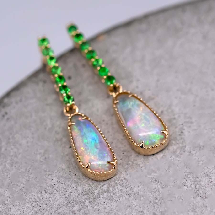Elegant Australian Opal Fossil Shell & Tsavorite Drop Earrings 18K Yellow Gold
