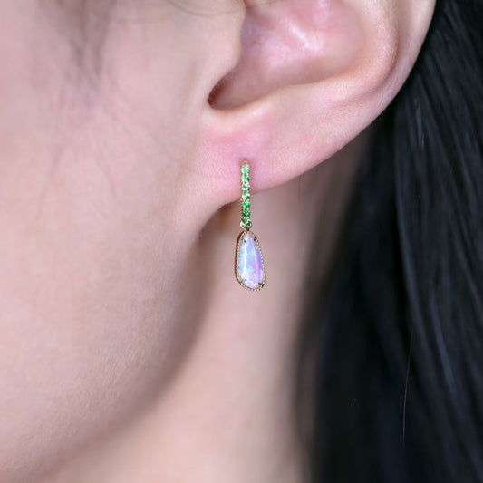 Elegant Australian Opal Fossil Shell & Tsavorite Drop Earrings 18K Yellow Gold