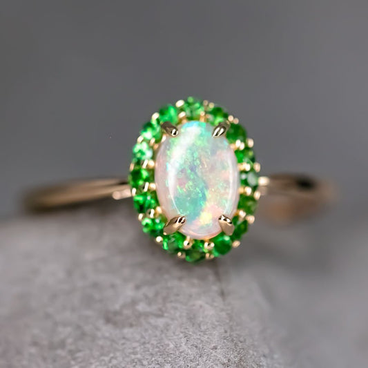 14K Yellow Gold Engagement Ring featuring Australian Opal Halo Tsavorite