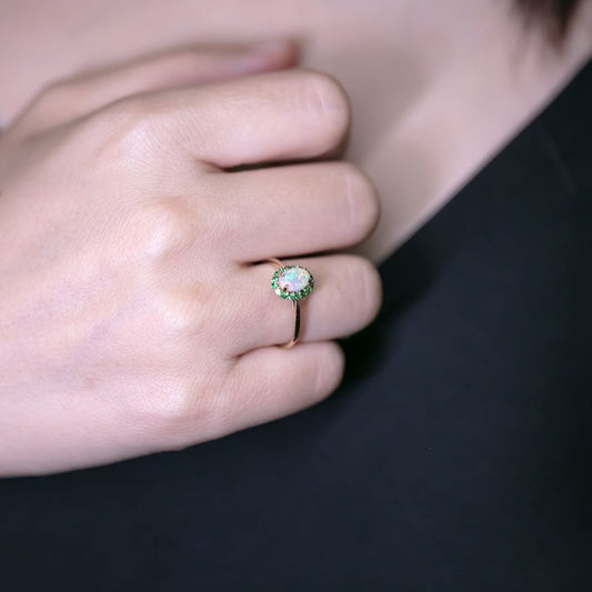 14K Yellow Gold Engagement Ring featuring Australian Opal Halo Tsavorite