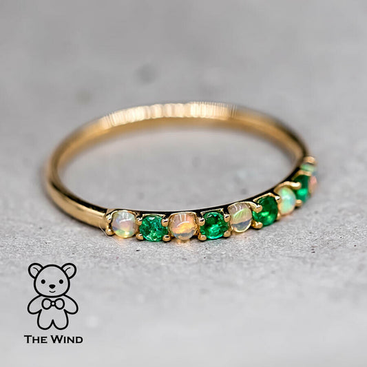 Eternity Australian Solid Opal & Tsavorite Ring 18K Yellow Gold Wedding Band
