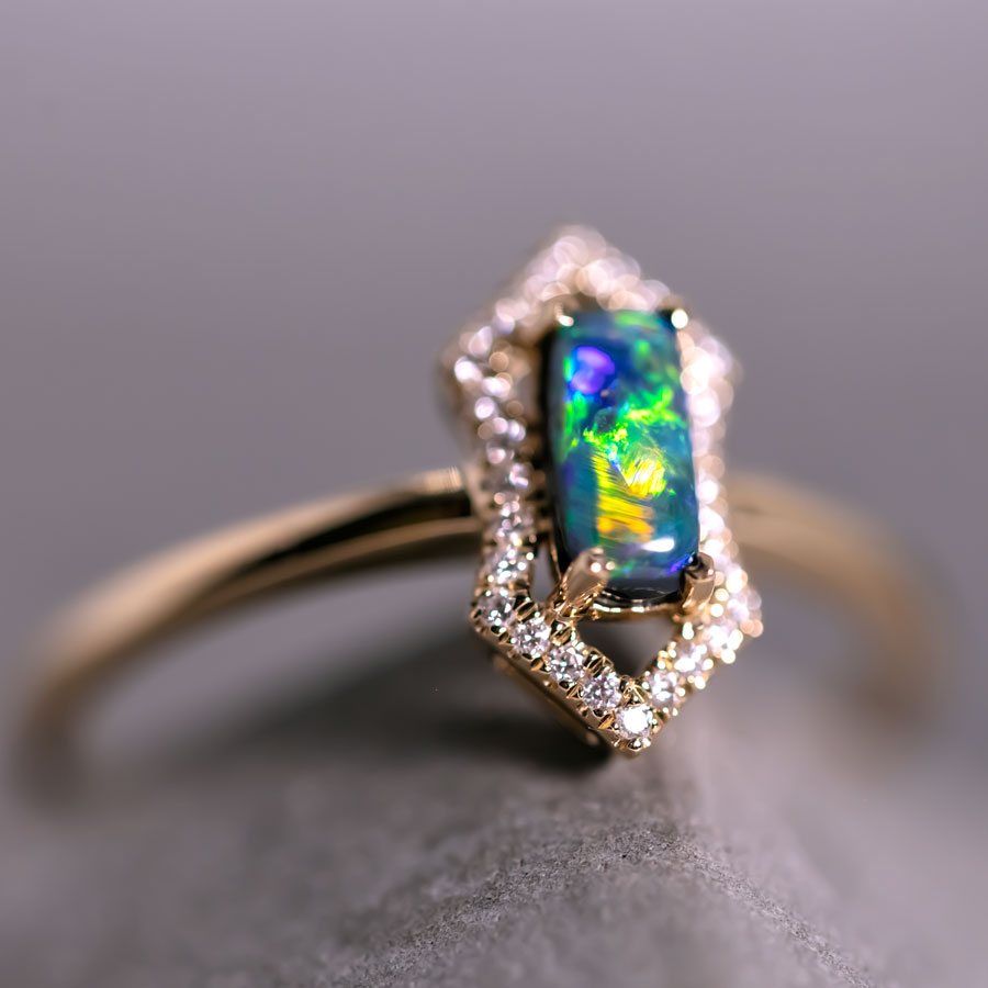 Ethereal Prism - Halo Diamond Black Opal Engagement Ring 18K Yellow Gold