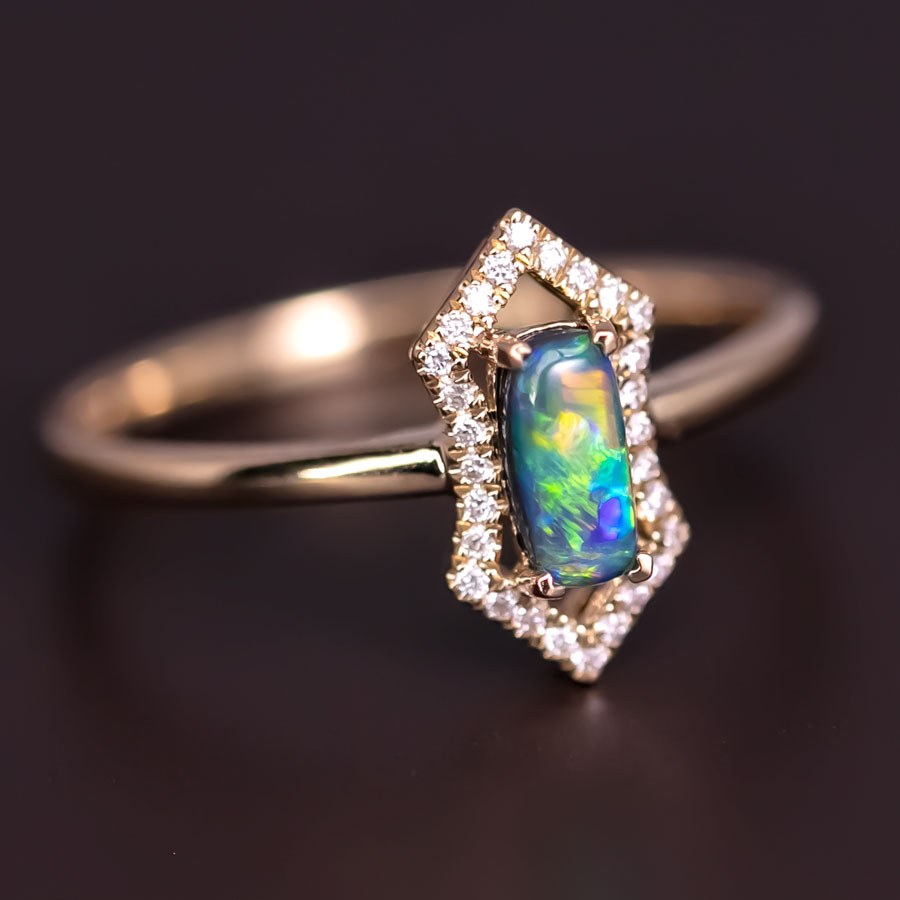 Ethereal Prism - Halo Diamond Black Opal Engagement Ring 18K Yellow Gold