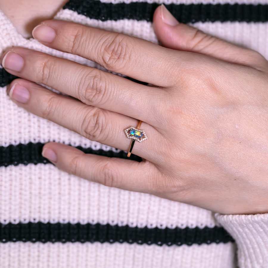 Ethereal Prism - Halo Diamond Black Opal Engagement Ring 18K Yellow Gold