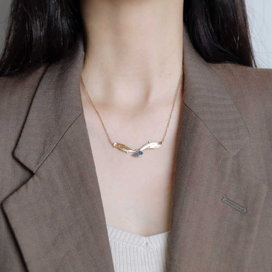 Extremely Rare Two Side Black Opal Seagull Wing Necklace & Diamond 18K Gold