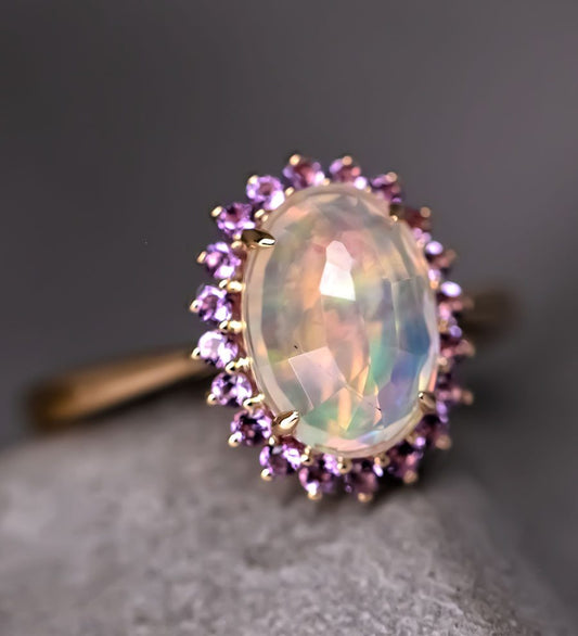 Rare Faceted Mexican Fire Opal Amethyst Engagement Halo Ring 18K Yellow Gold
