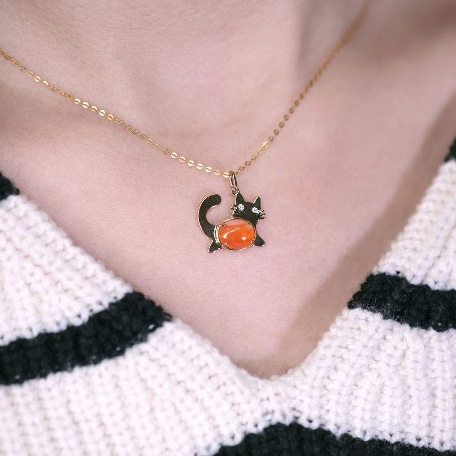 Fat Orange Cat - Mexican Fire Opal & Diamond Necklace 18K Yellow Gold