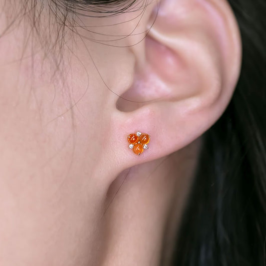 18K Gold Mexican Fire Opal Diamond Trio Stud Earrings