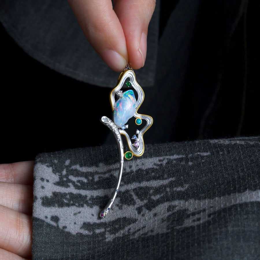 Fairy Whisper - Fire Opal Necklace in 18K White Gold with Diamonds, Sapphires & Turquoise