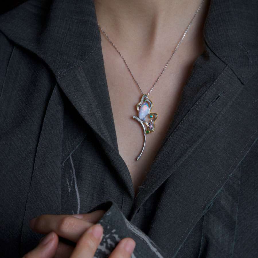 Fairy Whisper - Fire Opal Necklace in 18K White Gold with Diamonds, Sapphires & Turquoise