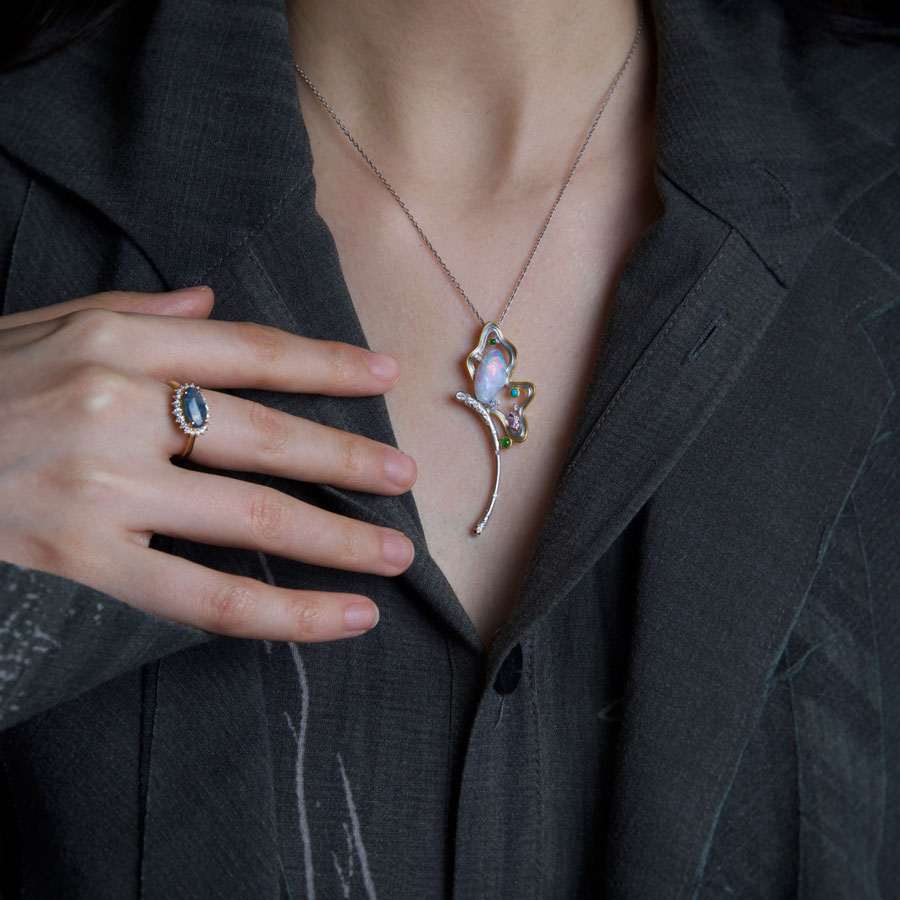 Fairy Whisper - Fire Opal Necklace in 18K White Gold with Diamonds, Sapphires & Turquoise