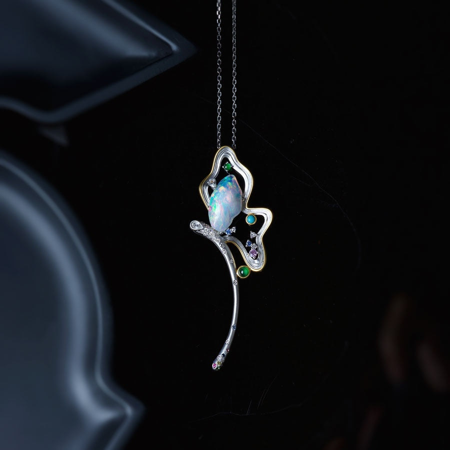 Fairy Whisper - Fire Opal Necklace in 18K White Gold with Diamonds, Sapphires & Turquoise