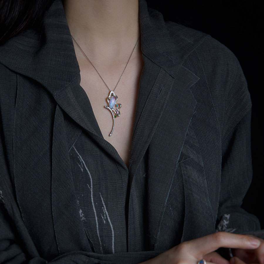 Fairy Whisper - Fire Opal Necklace in 18K White Gold with Diamonds, Sapphires & Turquoise