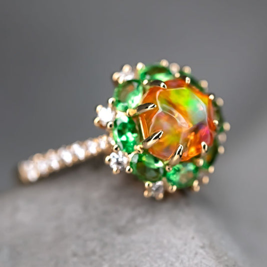 Fire Opal Tsavorite Diamond Engagement Ring 18K Yellow Gold