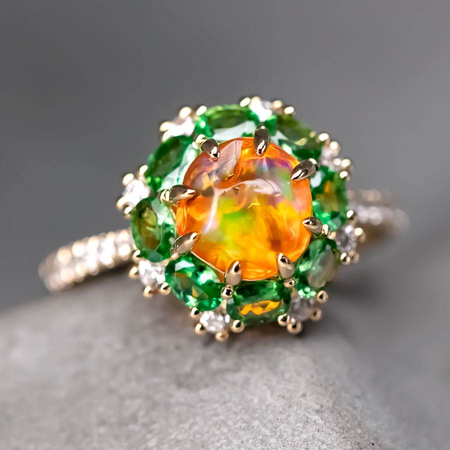 Fire Opal Tsavorite Diamond Engagement Ring 18K Yellow Gold