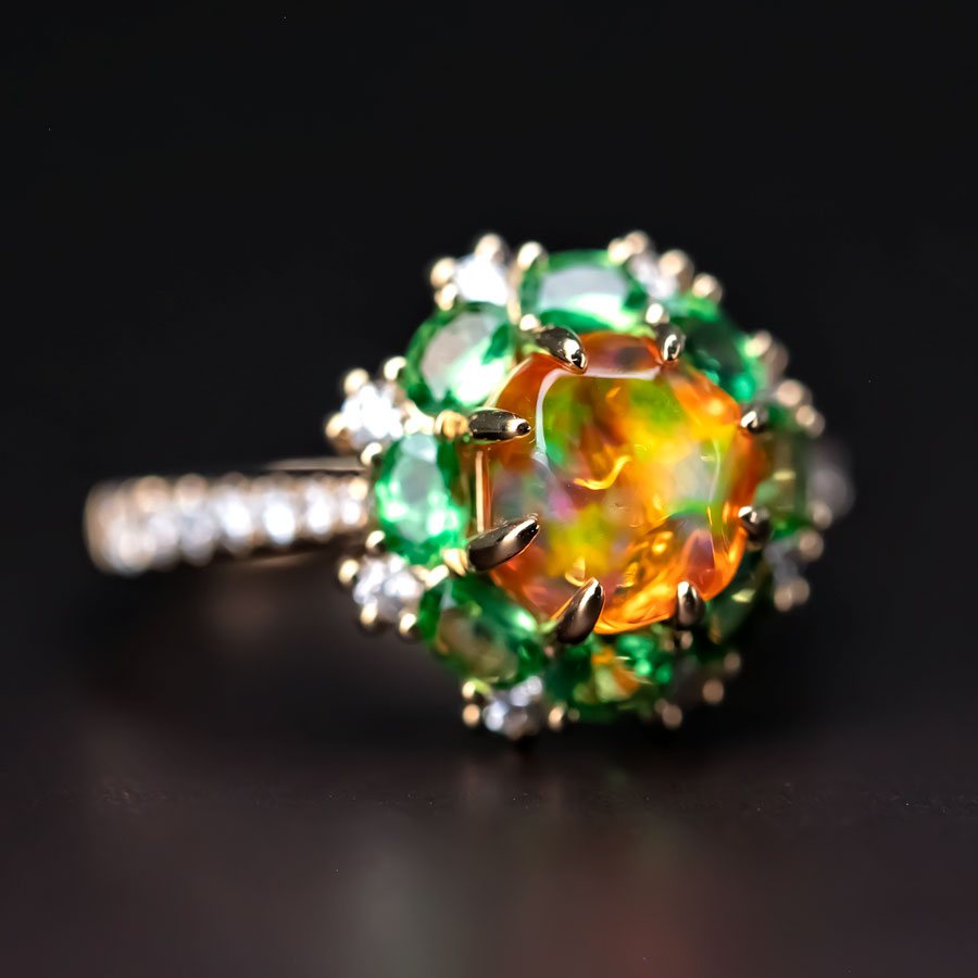 Fire Opal Tsavorite Diamond Engagement Ring 18K Yellow Gold