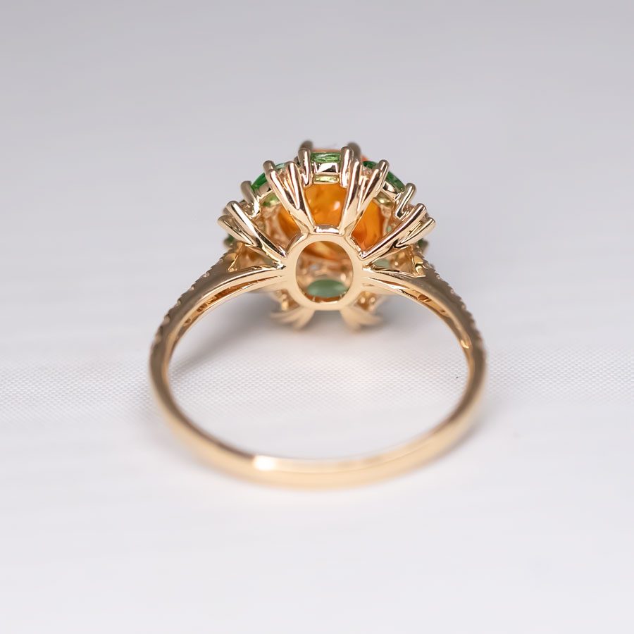 Fire Opal Tsavorite Diamond Engagement Ring 18K Yellow Gold