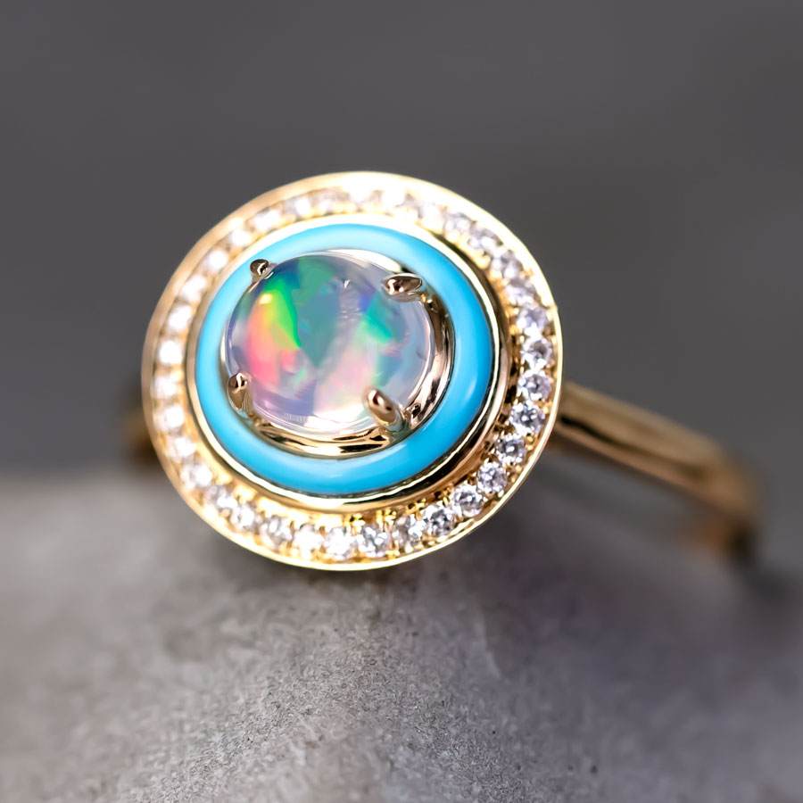 Mexican Fire Opal, Turquoise, Halo Diamond Engagement Ring in 18K Yellow Gold