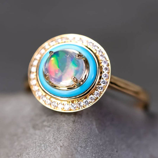 Mexican Fire Opal, Turquoise, Halo Diamond Engagement Ring in 18K Yellow Gold