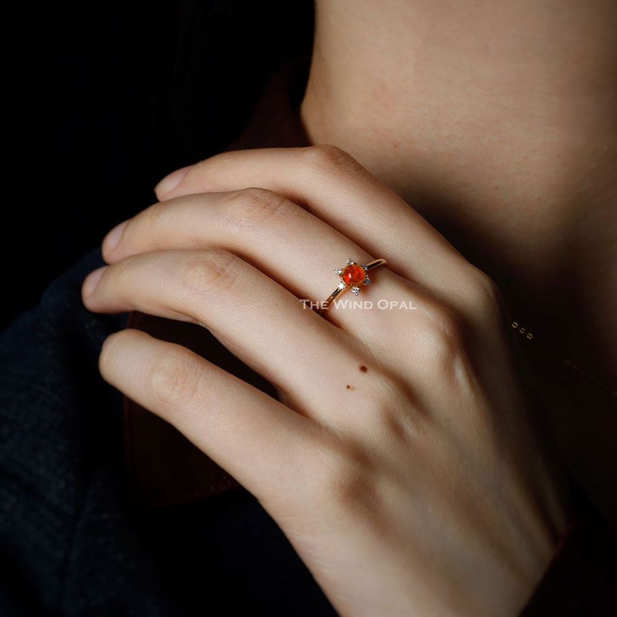 Fireball - Fire Opal & Diamond Engagement Wedding Ring 18K Yellow Gold