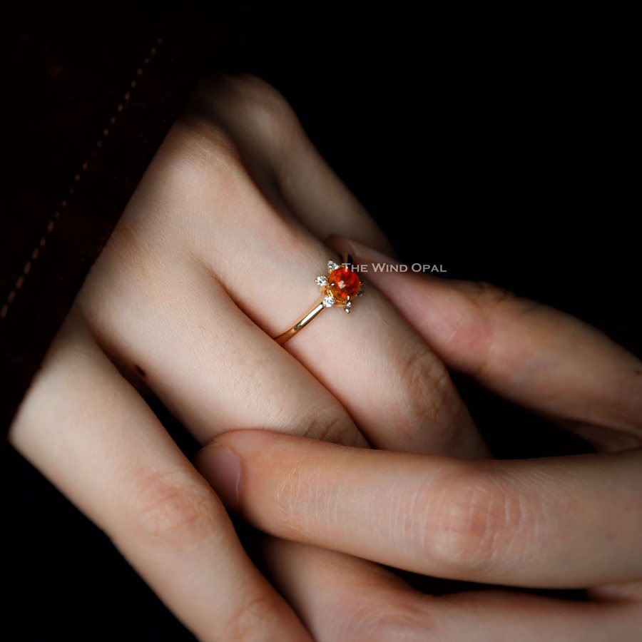Fireball - Fire Opal & Diamond Engagement Wedding Ring 18K Yellow Gold