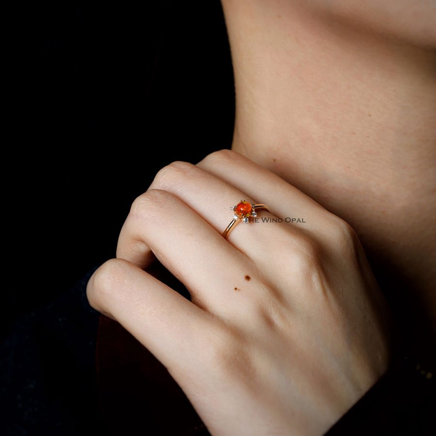 Fireball - Fire Opal & Diamond Engagement Wedding Ring 18K Yellow Gold