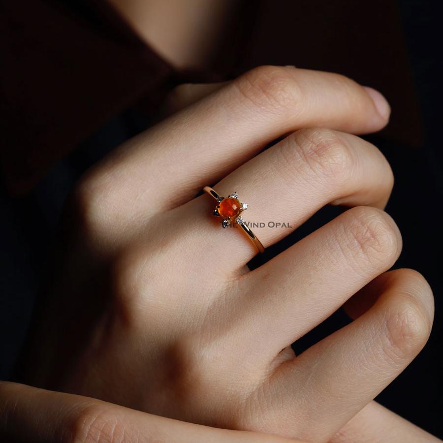 Fireball - Fire Opal & Diamond Engagement Wedding Ring 18K Yellow Gold