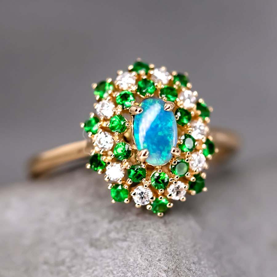 Fireworks - Black Opal & Diamond Engagement Ring 18K Yellow Gold