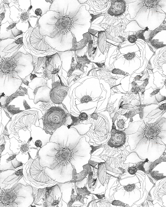 Floral Reverie Wallpaper, black and white