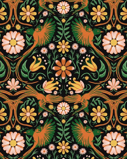 Folkie Birdie Wallpaper, black, orange & green