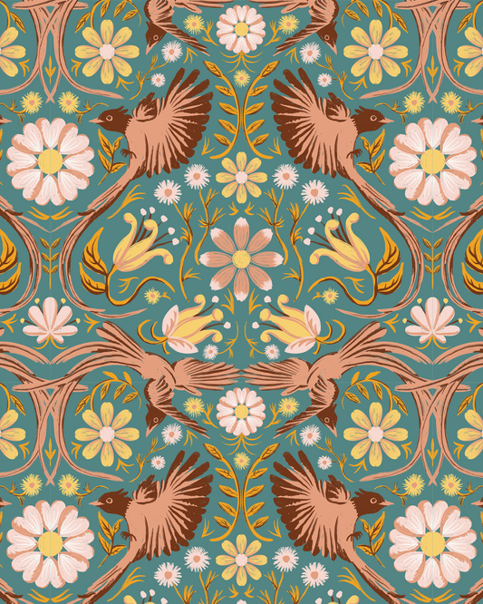 Folkie Birdie Wallpaper, dusty teal, peach & rust