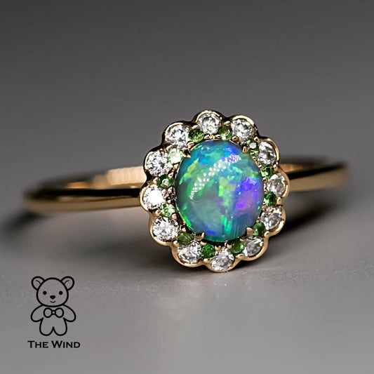 Halo Diamond Australian Semi-Black Opal Tsavorite Engagement Ring 18K Yellow Gold