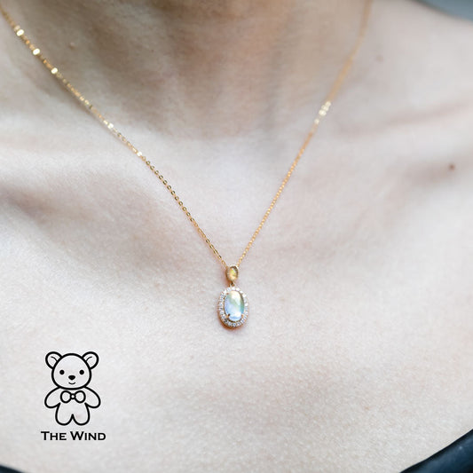 Halo Diamond Blue Sheen Moonstone Fire Opal Pendant Necklace 18k Yellow Gold