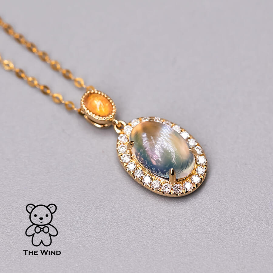 Halo Diamond Blue Sheen Moonstone Fire Opal Pendant Necklace 18k Yellow Gold