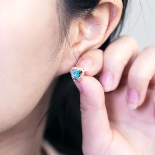 Halo Diamond Australian Boulder Opal Stud Earrings 14k Yellow Gold
