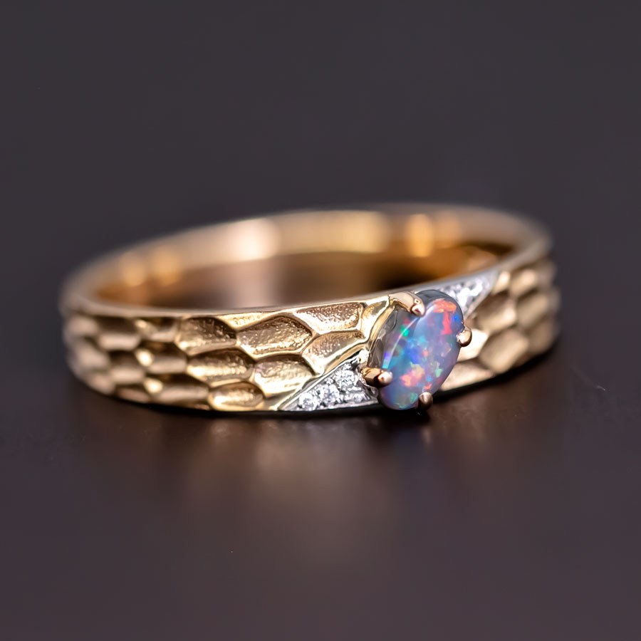 Hammered Finish 18K Gold Black Opal Diamond Engagement Ring