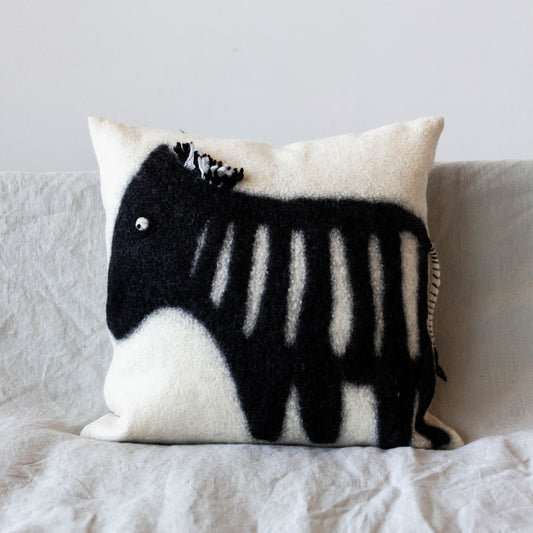 African Modern Boho Felted Decorative Pillow: Animal Zebra Jungle Wool Throw Pillow