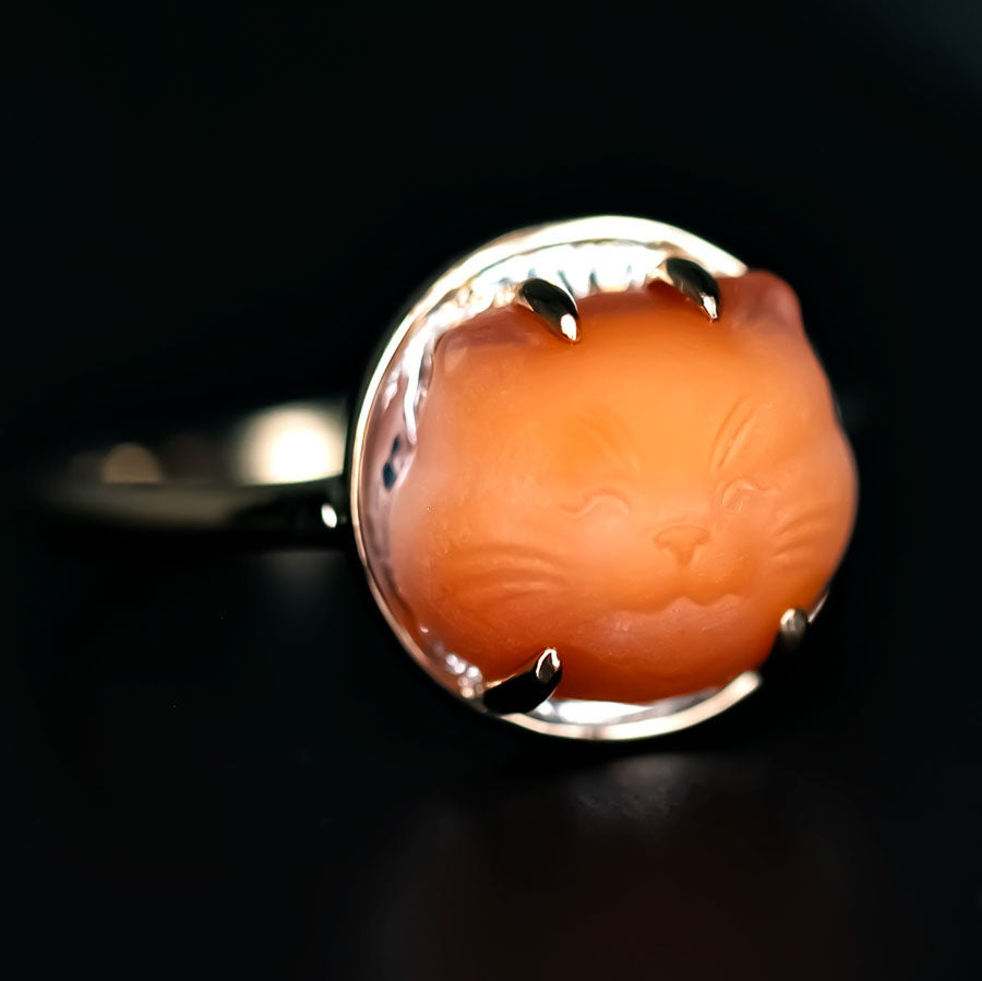 Hand Carved Kitty Cat Fire Opal Engagement Wedding Ring 14K Yellow Gold