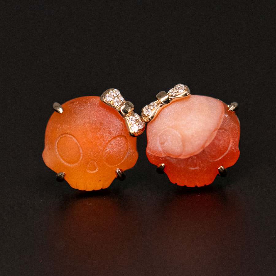 Hand Carved Skull with Diamond Bows Fire Opal Stud Earrings 18k Gold