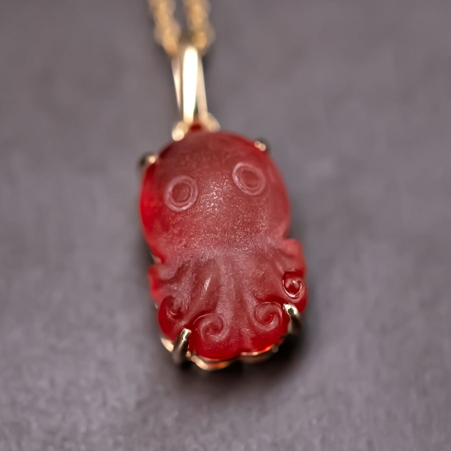 Cute Handcarved Fire Opal Octopus Necklace 18K Yellow Gold