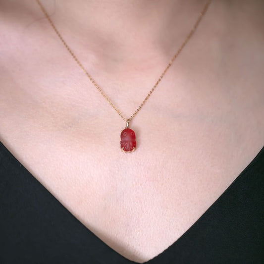 Cute Handcarved Fire Opal Octopus Necklace 18K Yellow Gold