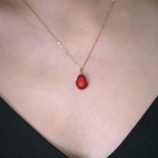 Super Adorable Handcarved Penguin Egg Fire Opal Necklace 18K Yellow Gold