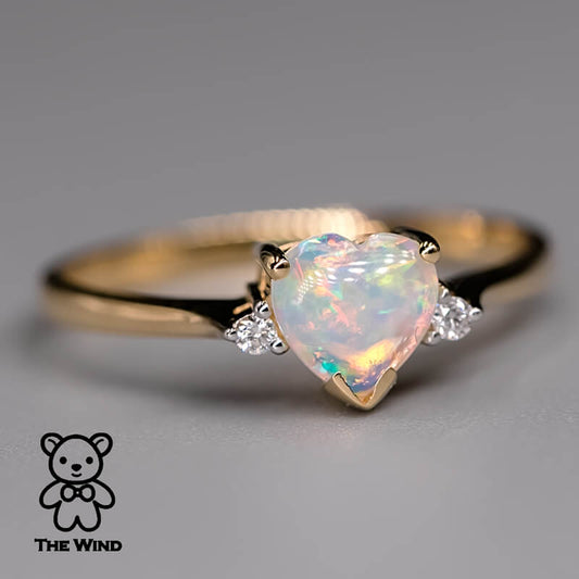 Heart Shaped Australian Solid Opal & Diamond Engagement Ring 18K Yellow Gold