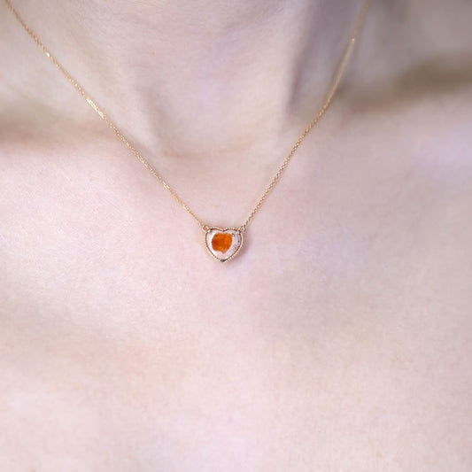 Heart Shaped Mexican Matrix Fire Opal Necklace 18K Yellow Gold